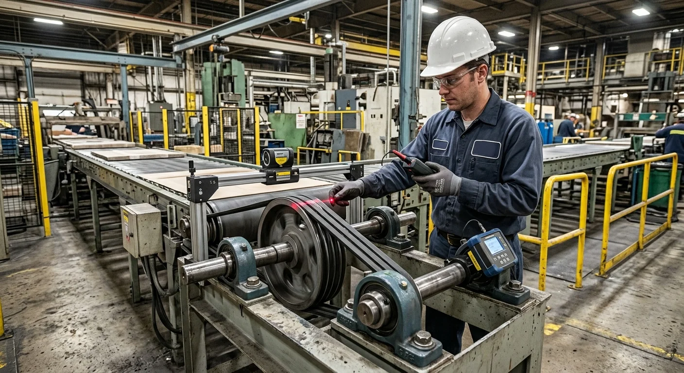 maintenance technician verifying belt speed calculation using tachometer and pulley inspection in industrial facility