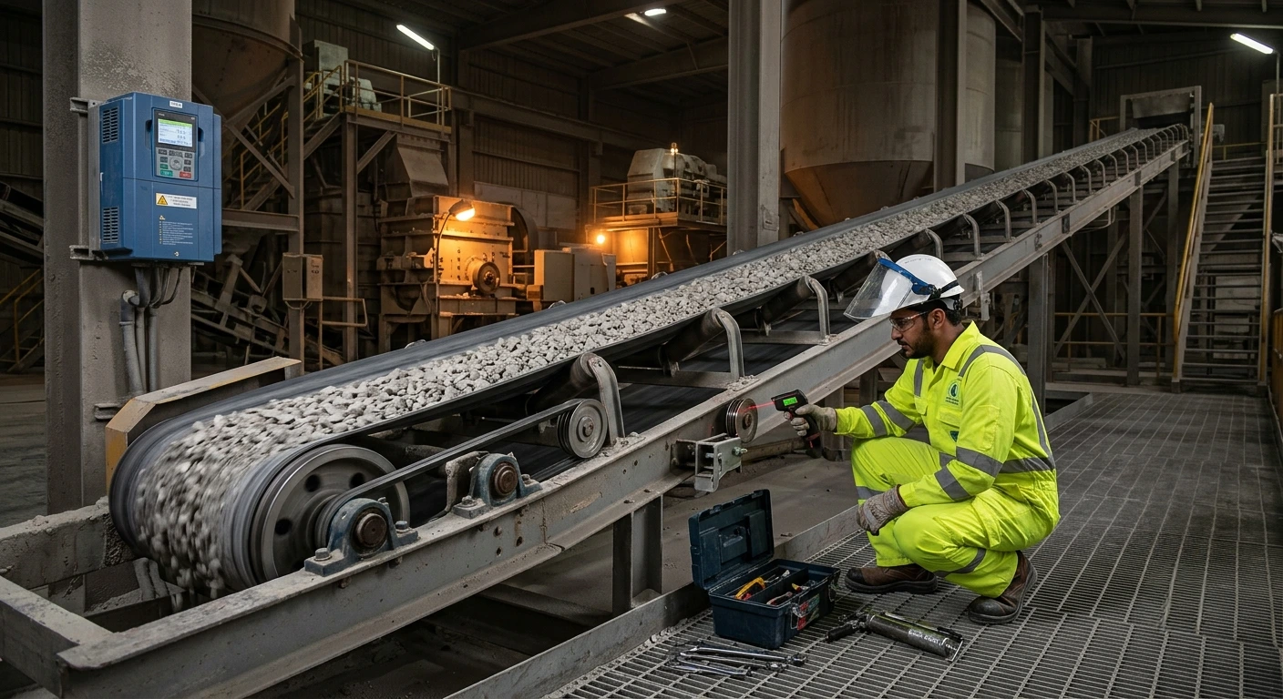 maintenance engineer inspecting conveyor after reducing belt speed