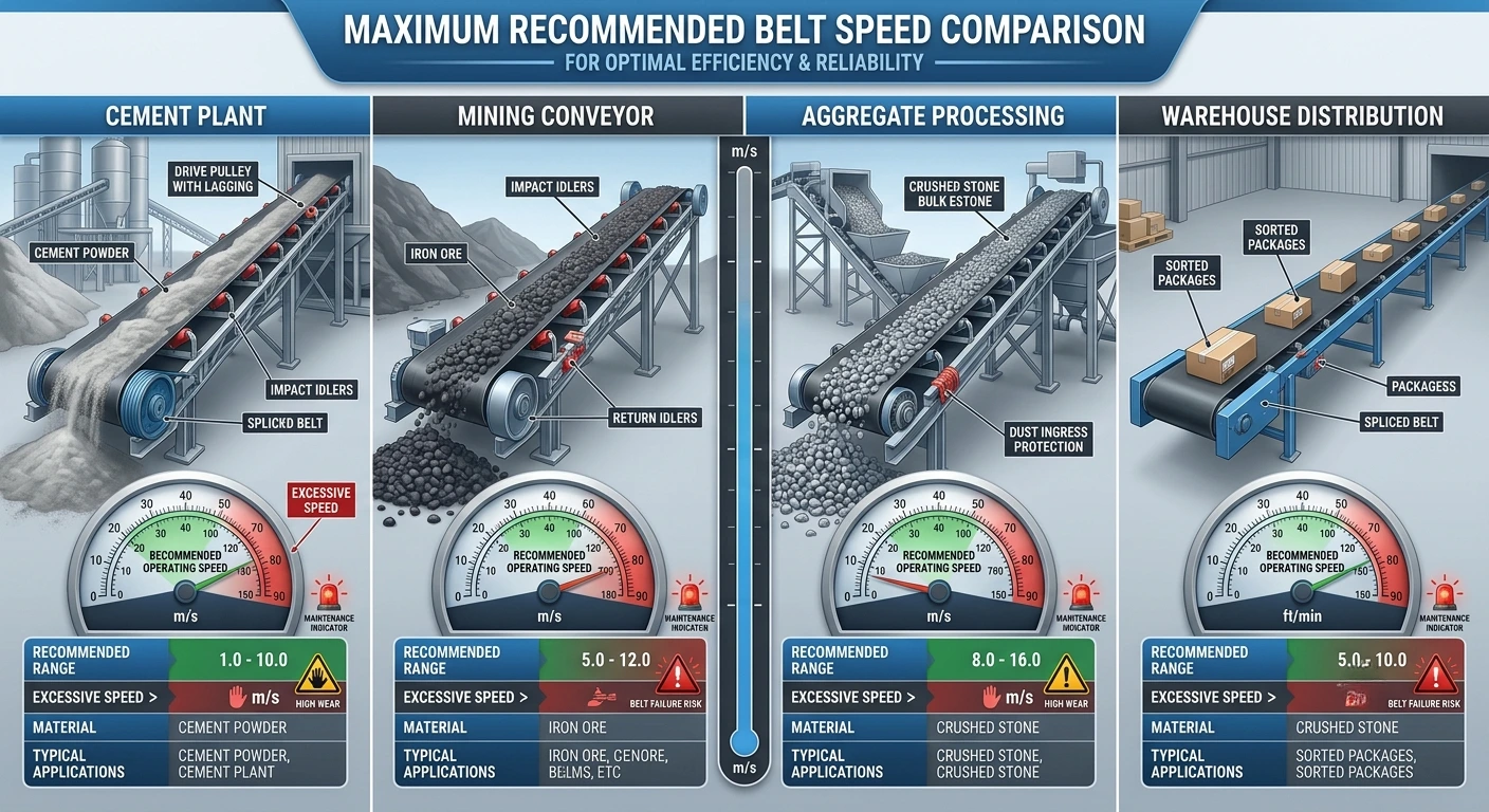 maximum recommended belt speed comparison for different conveyor applications