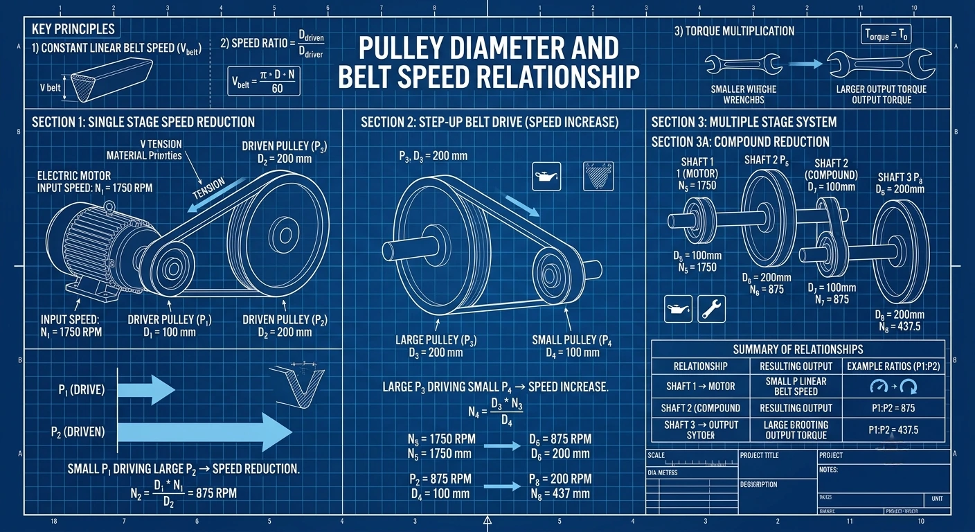 Pulley diameter and belt speed relationship diagram showing different pulley sizes