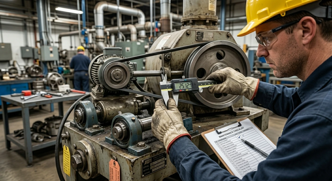 maintenance technician measuring pulley diameter using digital caliper during industrial shutdown inspection