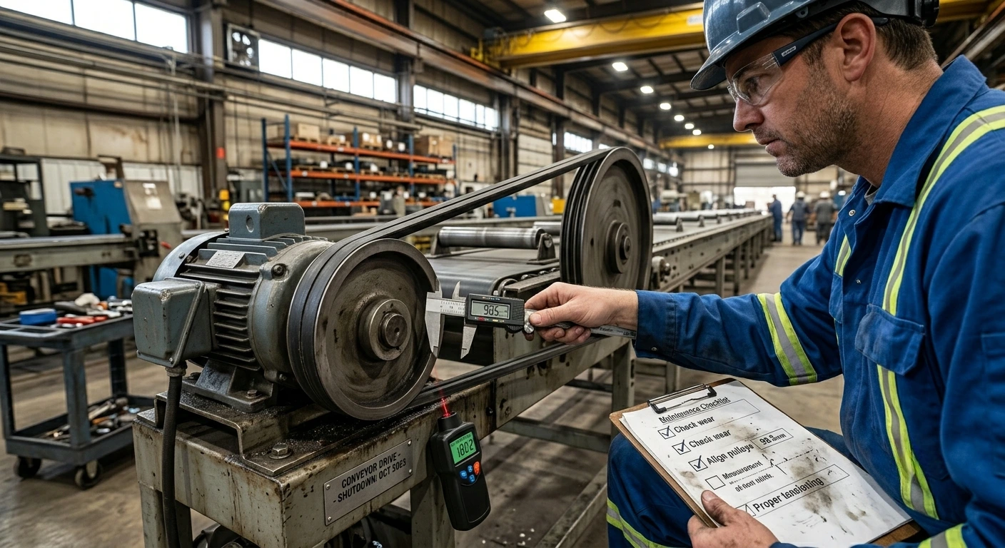 maintenance engineer verifying pulley ratio and drive system performance during industrial shutdown