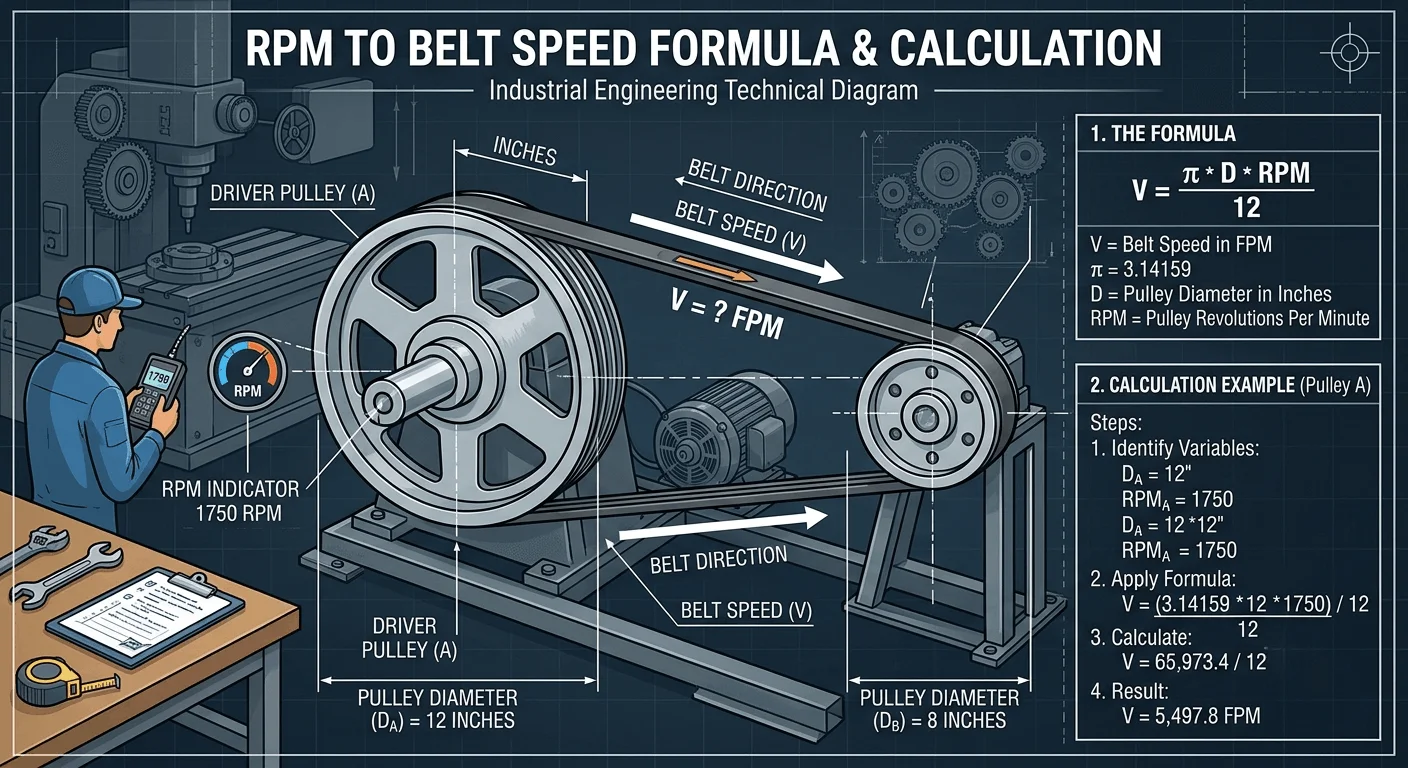 RPM to belt speed formula and calculation diagram showing pulley diameter RPM and belt velocity