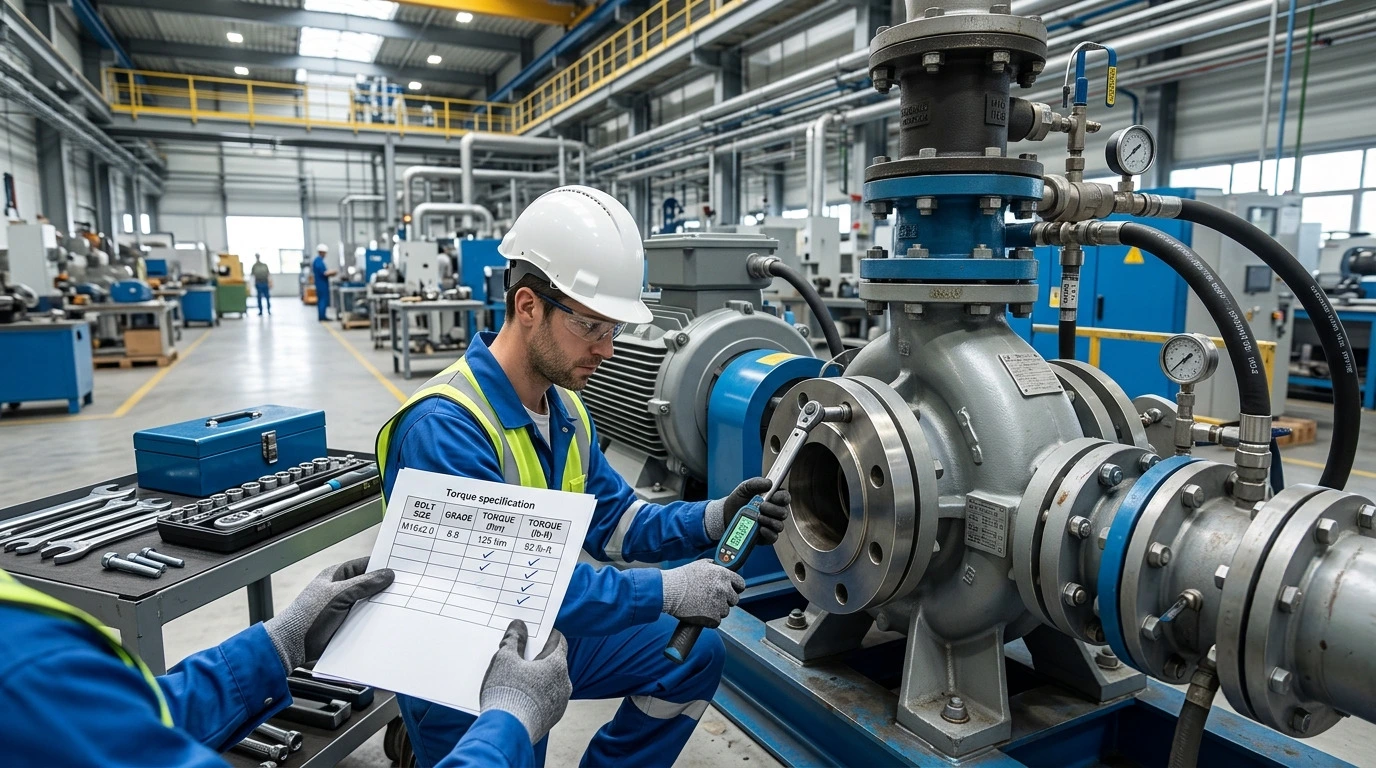 Maintenance engineer checking torque conversion values before tightening industrial bolts