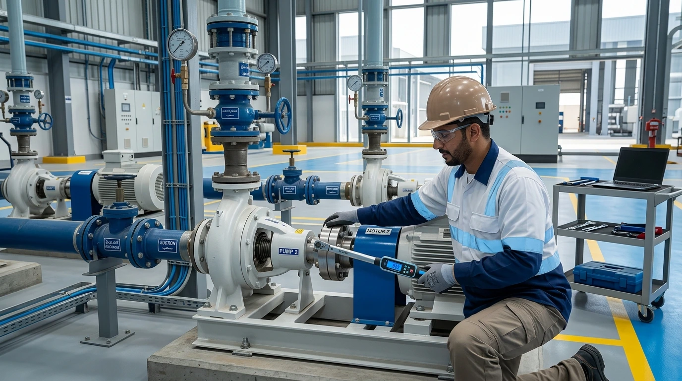 Maintenance technician checking torque unit before tightening industrial pump coupling