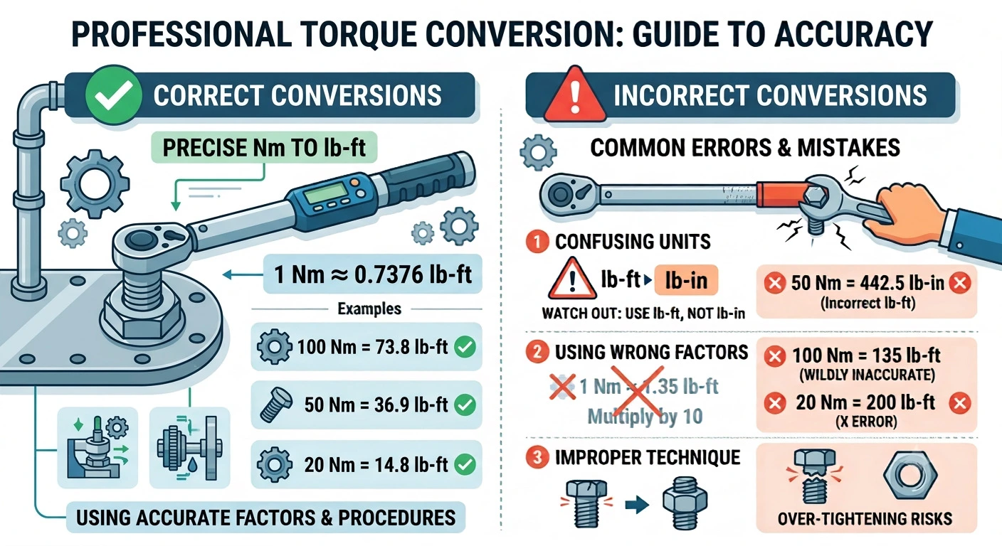 Correct vs incorrect torque conversion comparison showing Nm and lb-ft conversion mistakes