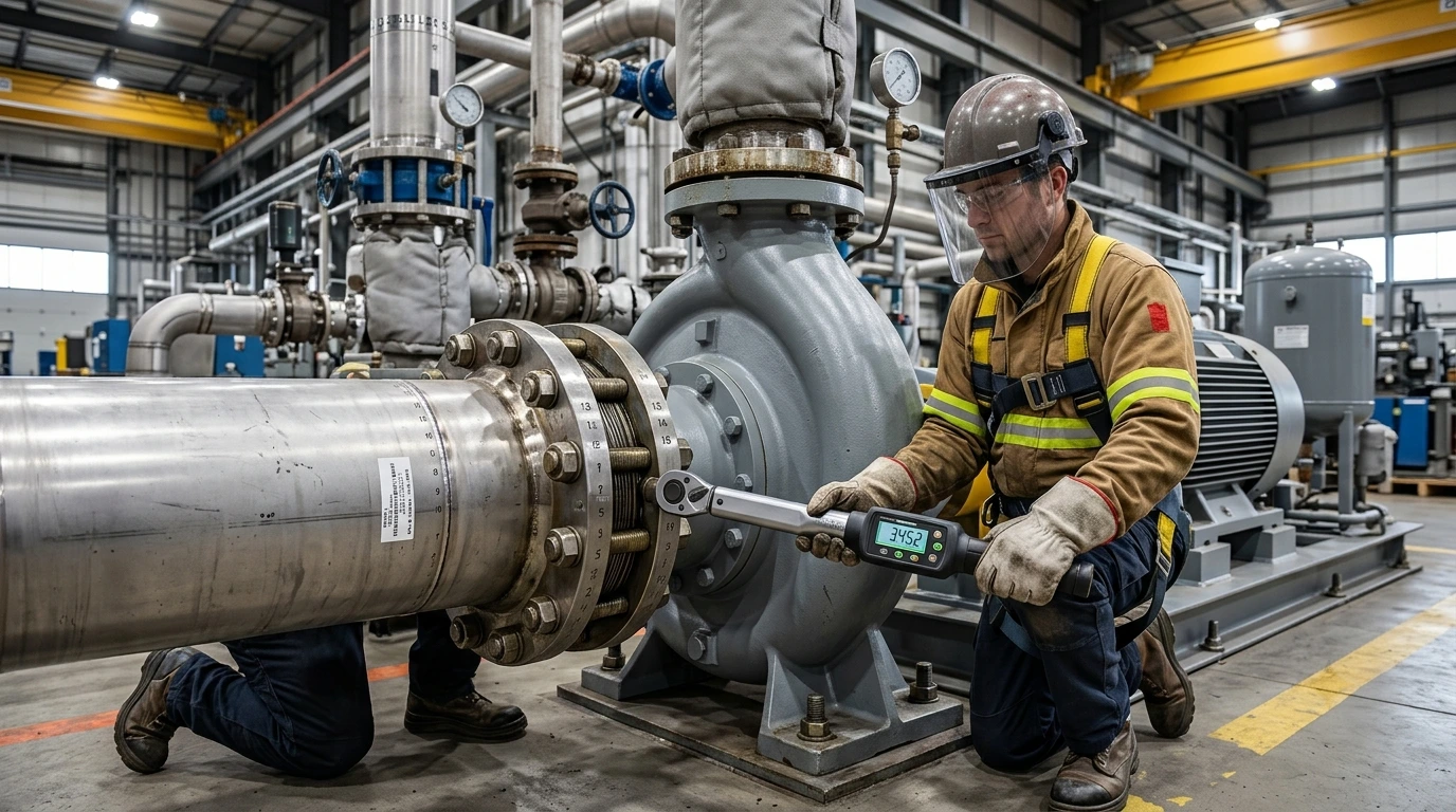 Technician applying bolt torque to an industrial flange connection