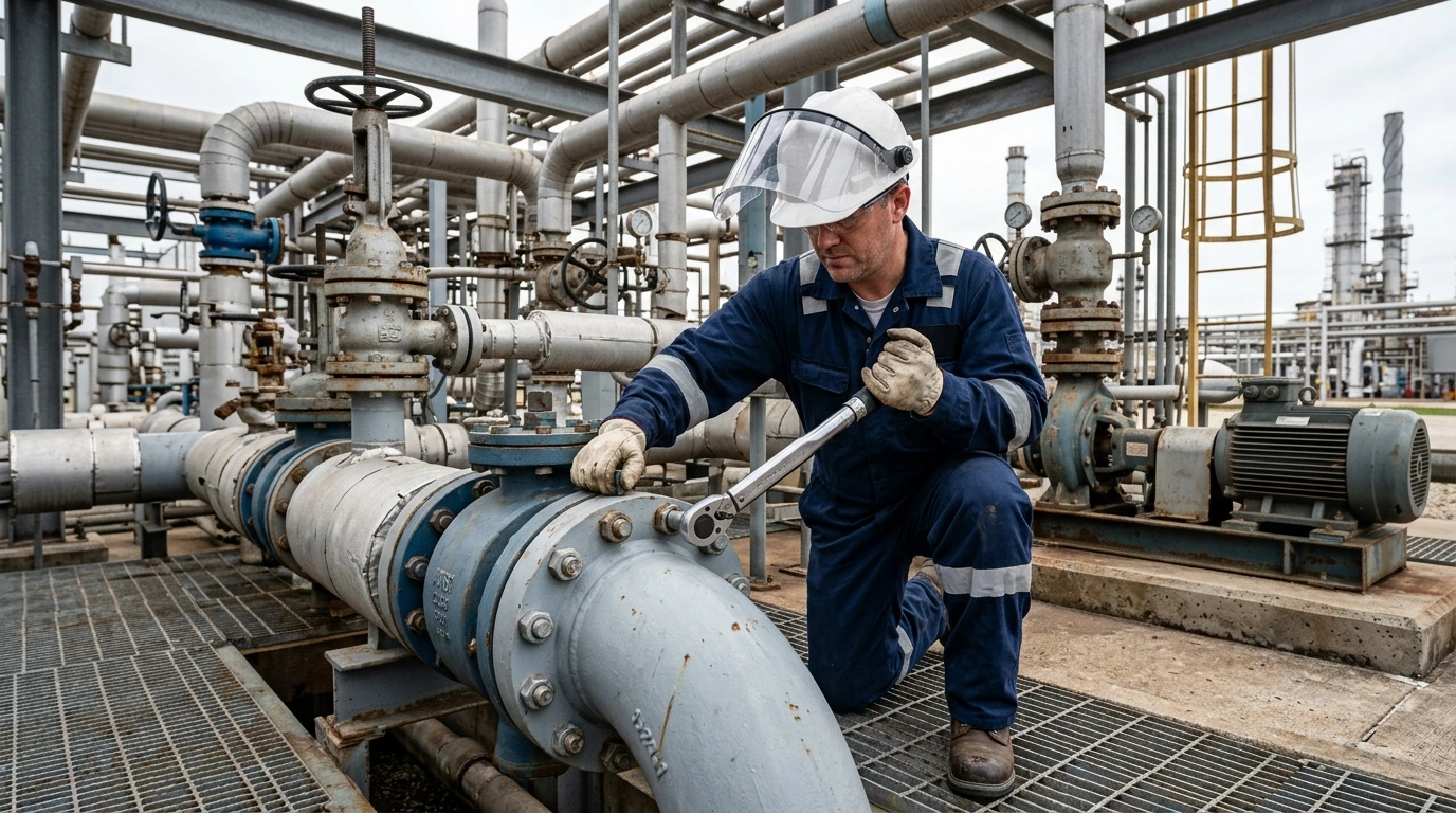 Technician tightening industrial flange bolts with a calibrated torque wrench