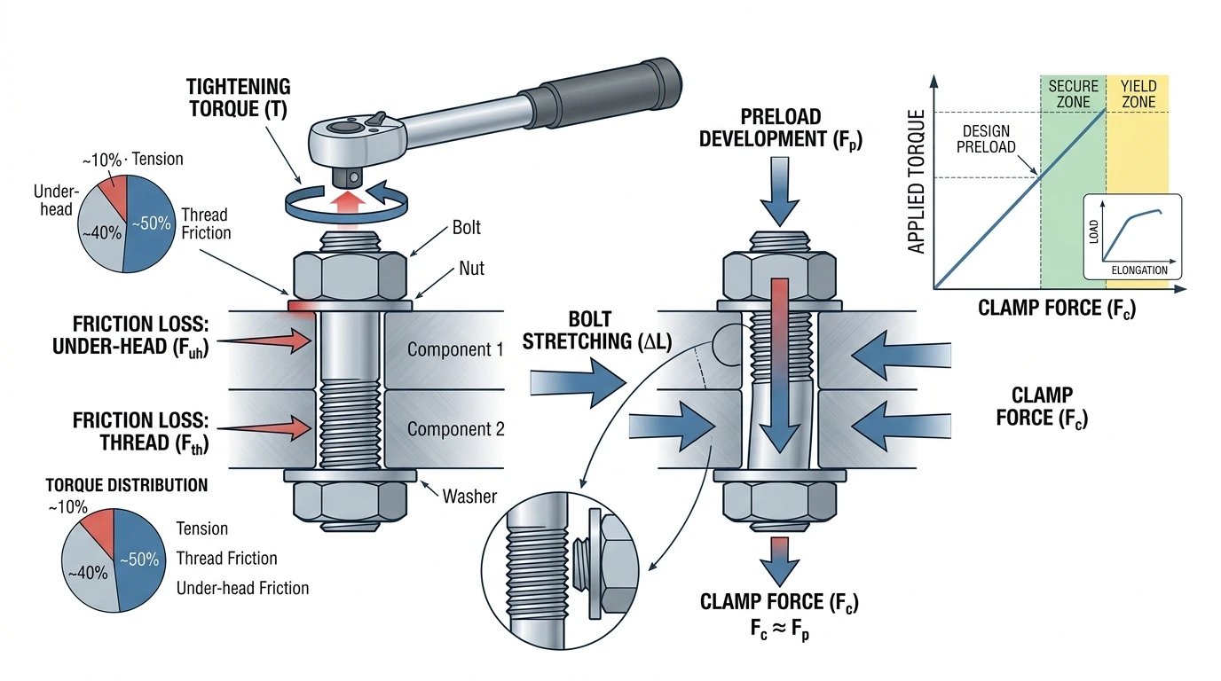 Torque to preload relationship showing bolt stretch and clamp force