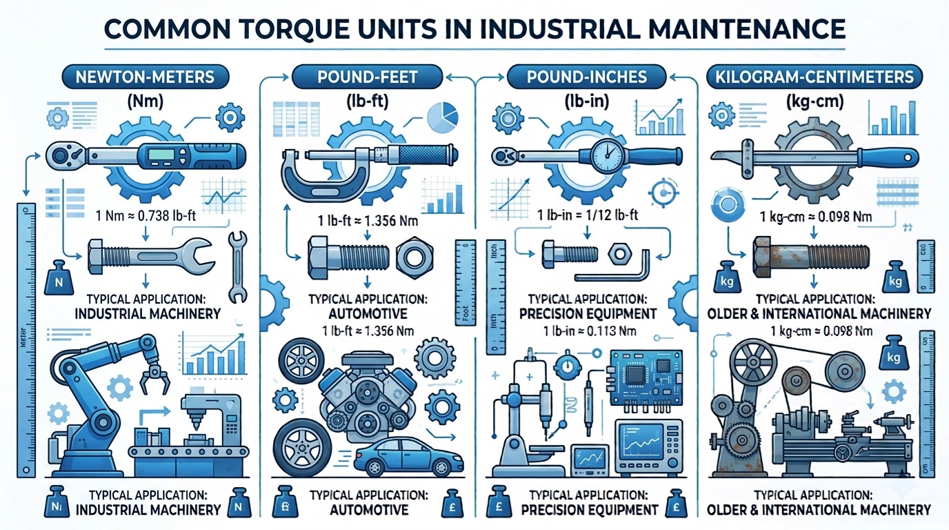 Torque Units Explained: comparison of Nm, lb-ft, lb-in, and kg-cm for industrial maintenance